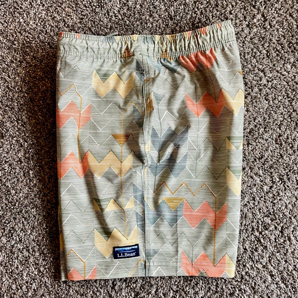 L.L. Bean Geometric Chevron Patterned Shorts Green and Orange Swim Trunks Large